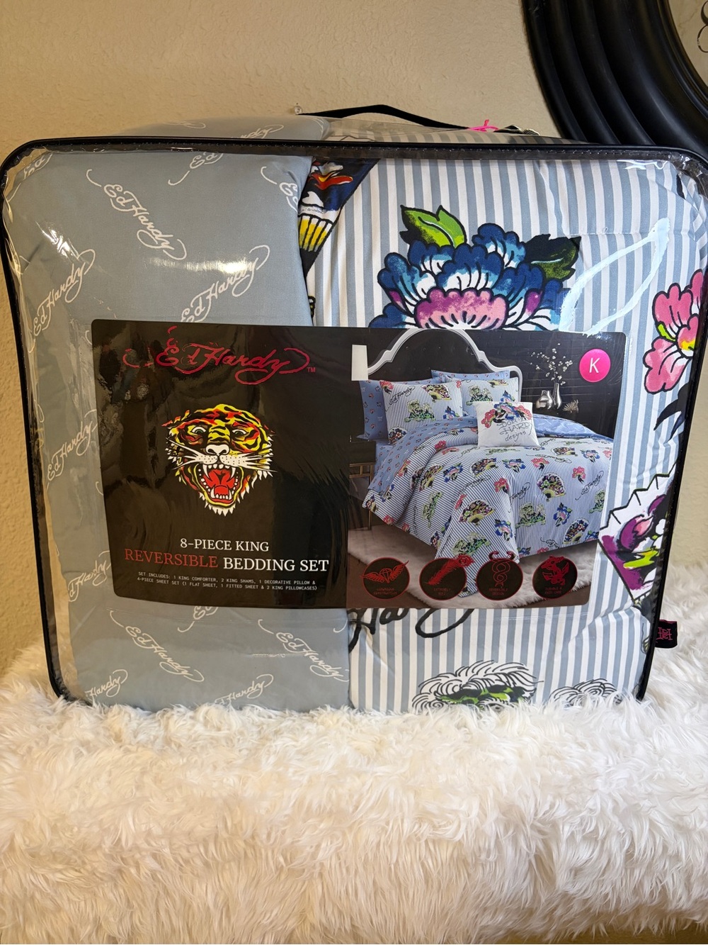 Ed Hardy 8 Piece King Bedding Set Reversible Comforter Floral Tiger NWT